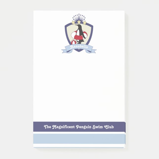 Personalisiert Swimming Club Wappen Niedlich Pengu Post-it Klebezettel (Vorderseite)