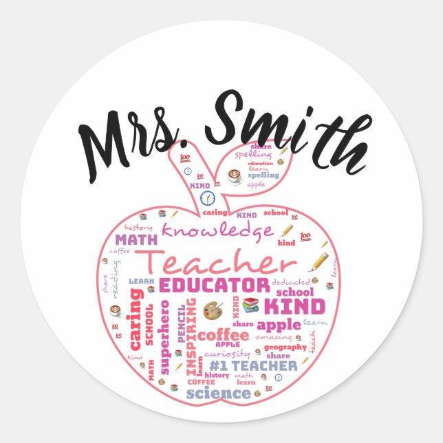 Personalisiert Teacher Apple Word Art Runder Aufkleber (Vorderseite)