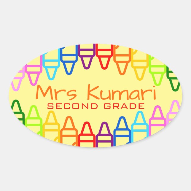 Personalisiert Teacher Crayon Design Ovaler Aufkleber (Vorderseite)