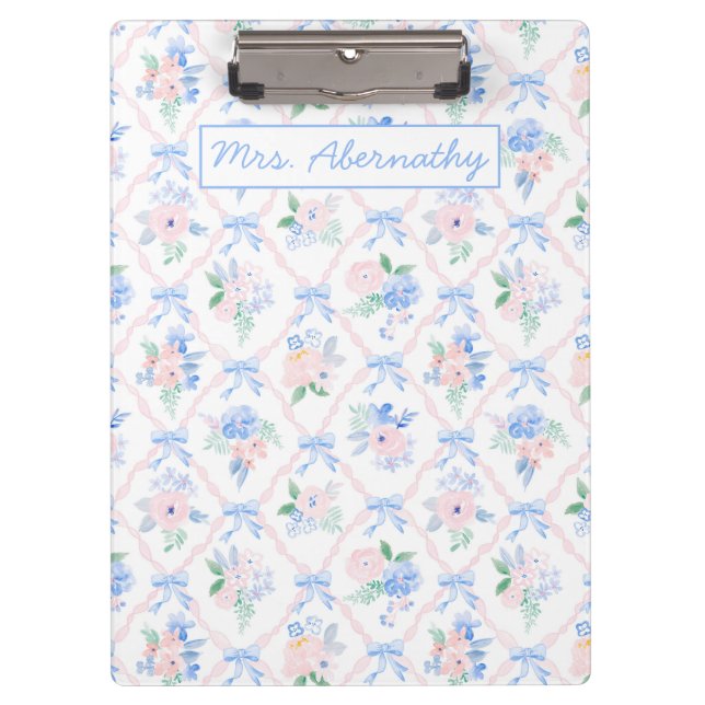 Personalisiert Teacher Floral Ribbon Bows Klemmbrett (Vorderseite)
