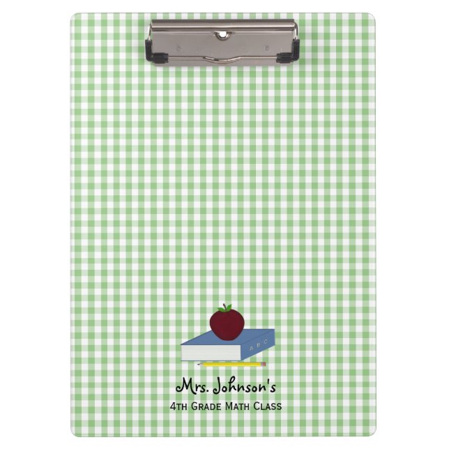Personalisiert Teacher Green und White Gingham Klemmbrett (Vorderseite)