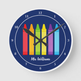Personalisiert Teacher Niedlich Crayon Blue Klasse Runde Wanduhr