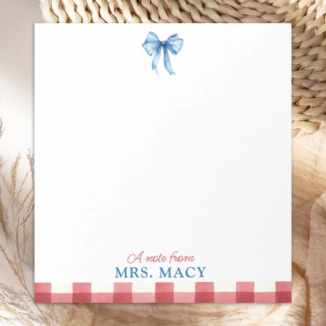 Personalisiert Teacher Notepad Watercolor Blue Bow Notizblock (Von Creator hochgeladen)