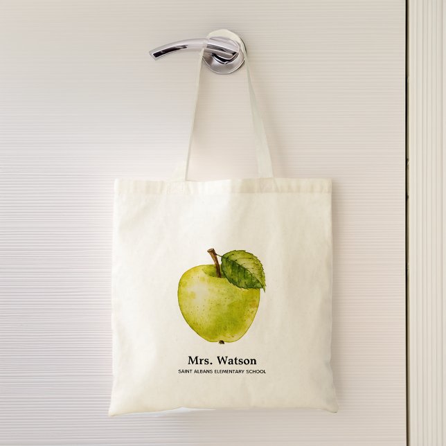 Personalisiert Teacher School Green Apple Tragetasche (Green Apple Personalized Teacher School Tote Bag)
