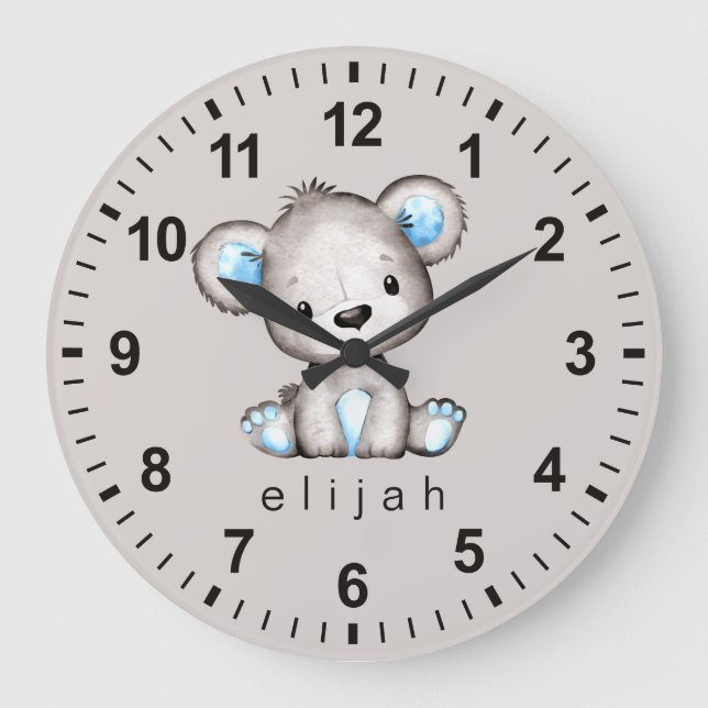 Personalisiert Teddy Bear Baby Boy Große Wanduhr (Vorderseite)