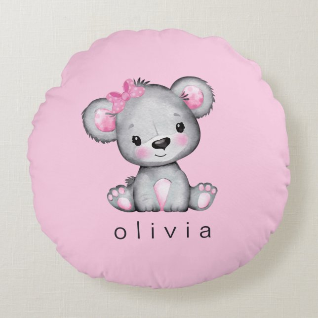 Personalisiert Teddy Bear Baby Girl Pink Rundes Kissen (Vorderseite)