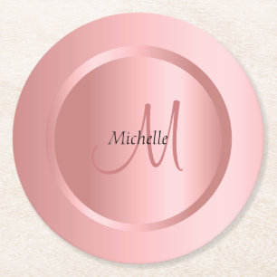 Personalisiert Template Rose Gold Monogram Elegant Runder Pappuntersetzer