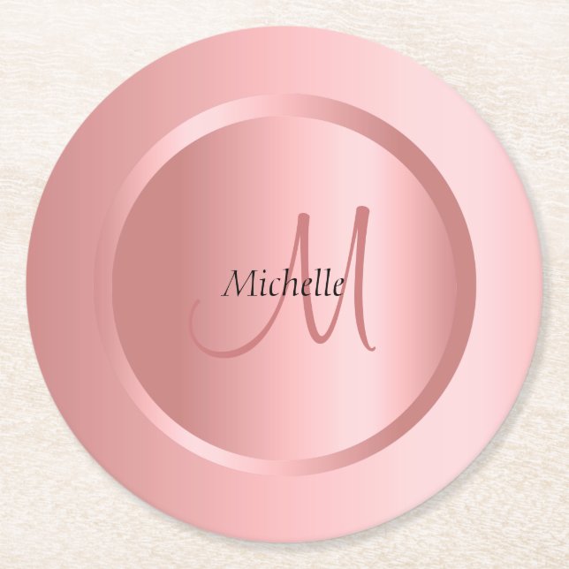 Personalisiert Template Rose Gold Monogram Elegant Runder Pappuntersetzer (Vorderseite)