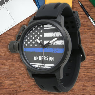 Personalisiert Thin Blue Line American Flag Police Armbanduhr