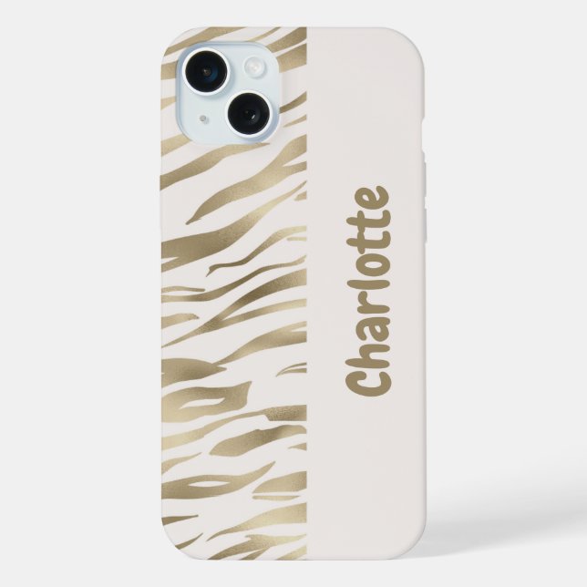 Personalisiert Tiger Print Gold iPhone Case 15 Plus Hülle (Rückseite)