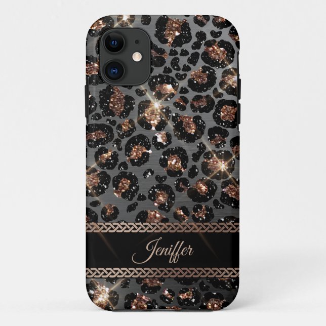 Personalisiert Trendy Leopard Black Gold Glitzer   Case-Mate iPhone Hülle (Rückseite)