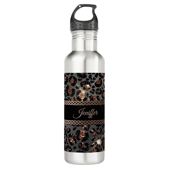 Personalisiert Trendy Leopard Black Gold Glitzer   Edelstahlflasche (Vorderseite)