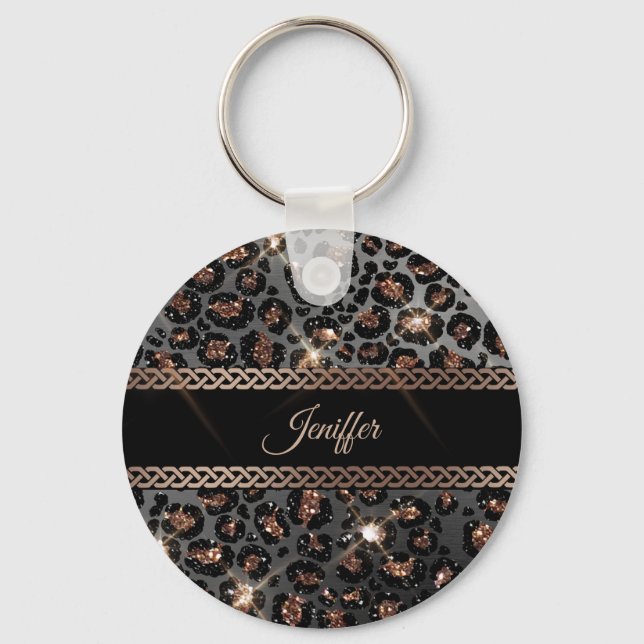 Personalisiert Trendy Leopard Black Gold Glitzer Schlüsselanhänger (Vorderseite)