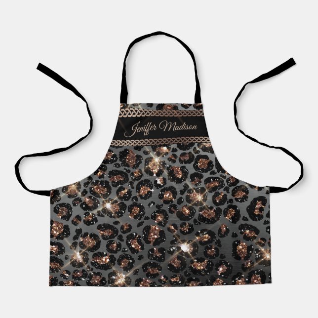 Personalisiert Trendy Leopard Black Gold Glitzer Schürze (Vorderseite)