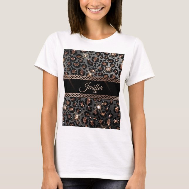 Personalisiert Trendy Leopard Black Gold Glitzer   T-Shirt (Vorderseite)