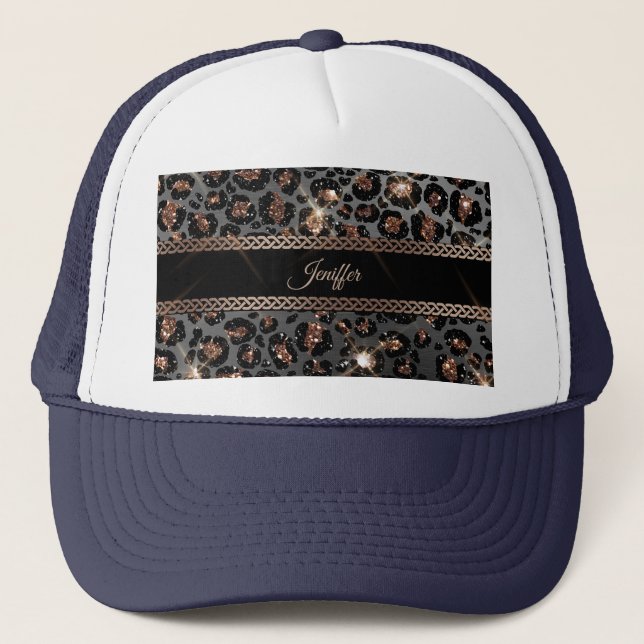 Personalisiert Trendy Leopard Black Gold Glitzer Truckerkappe (Vorderseite)