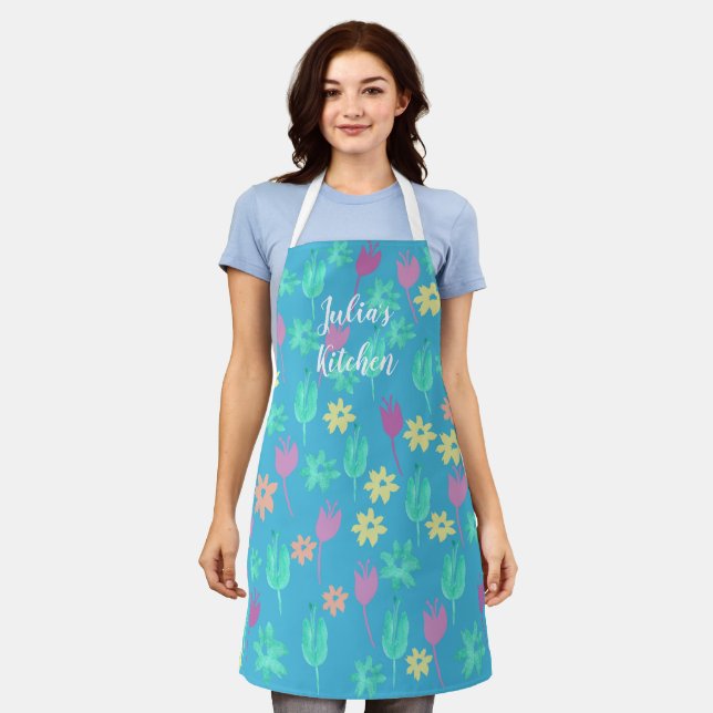 Personalisiert Tulip Schürze Blau Pink Gelb (Getragen)