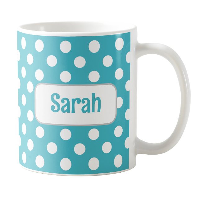 Personalisiert Türkis Polka Dot Tasse (Personalized Turquoise Polka Dot Mug at Amy's Coffee Mugs on Zazzle.)