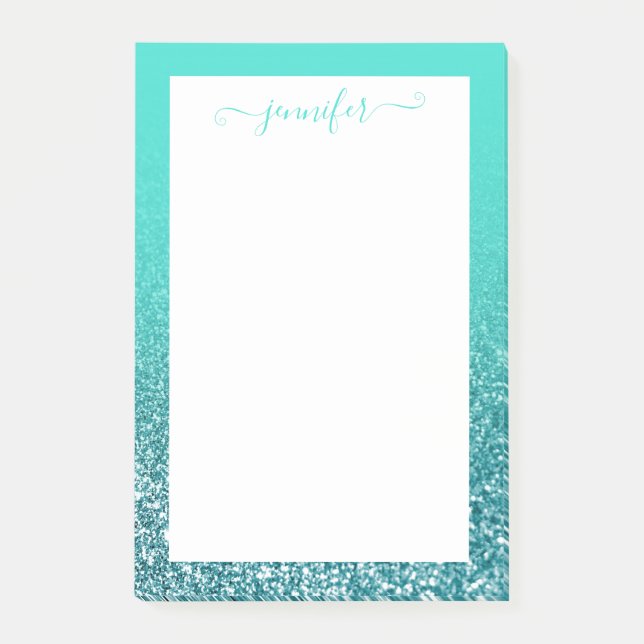 Personalisiert Türkis und Aquamariner Glitzer Ombr Post-it Klebezettel (Vorderseite)