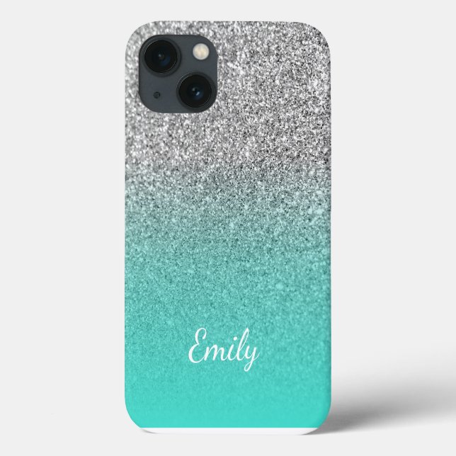 Personalisiert Türkis und Silver Glitzer Ombre Case-Mate iPhone Hülle (Rückseite)