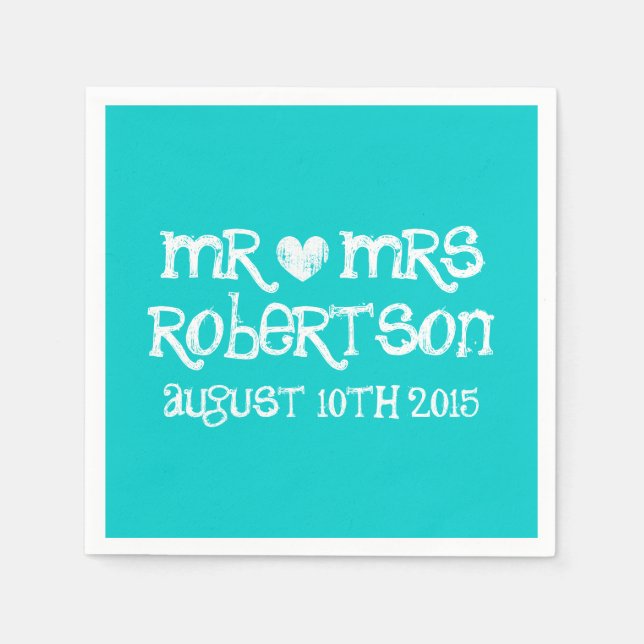 Personalisiert türkisblau mr mrs Hochzeitsnapkins Serviette (Vorderseite)