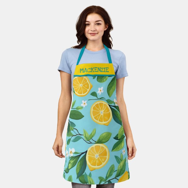 Personalisiert türkisfarbene Lemon Print Schürze (Getragen)