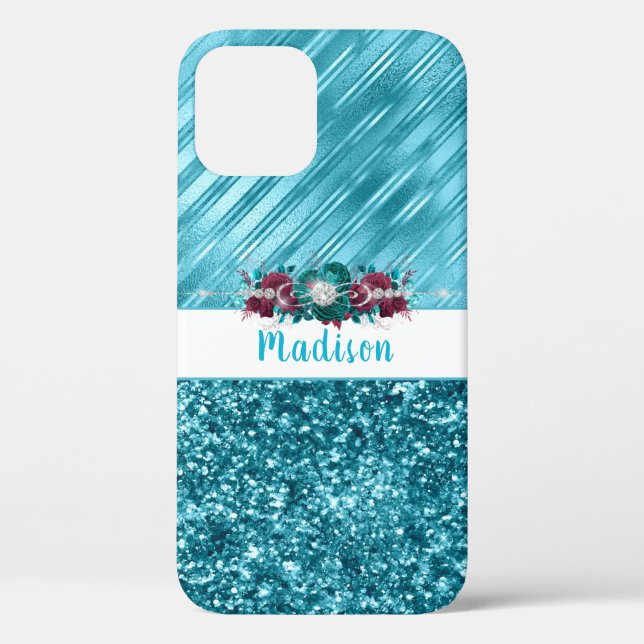 Personalisiert türkisfarbener Glitzer Case-Mate iPhone Hülle (Rückseite)