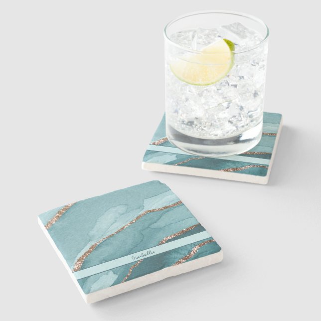 Personalisiert türkisfarbenes Aquamarines Goldmarm Steinuntersetzer (Seitenansicht)