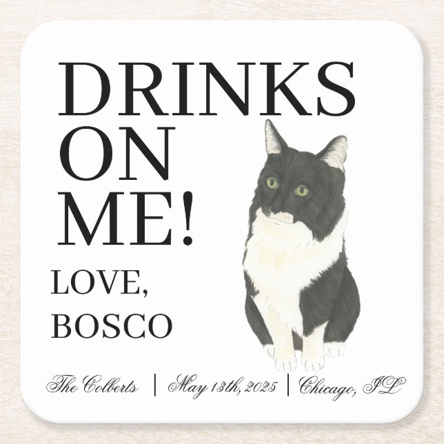 Personalisiert Tuxedo Ragamuffin Cat Wedding Rechteckiger Pappuntersetzer (Vorderseite)