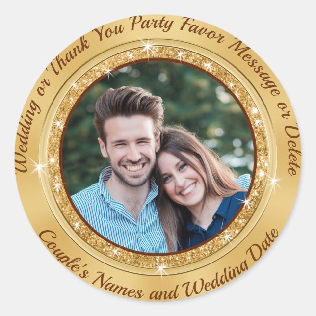 Personalisiert und FOTO, Goldkleber für Hochzeiten Runder Aufkleber (Vorderseite)