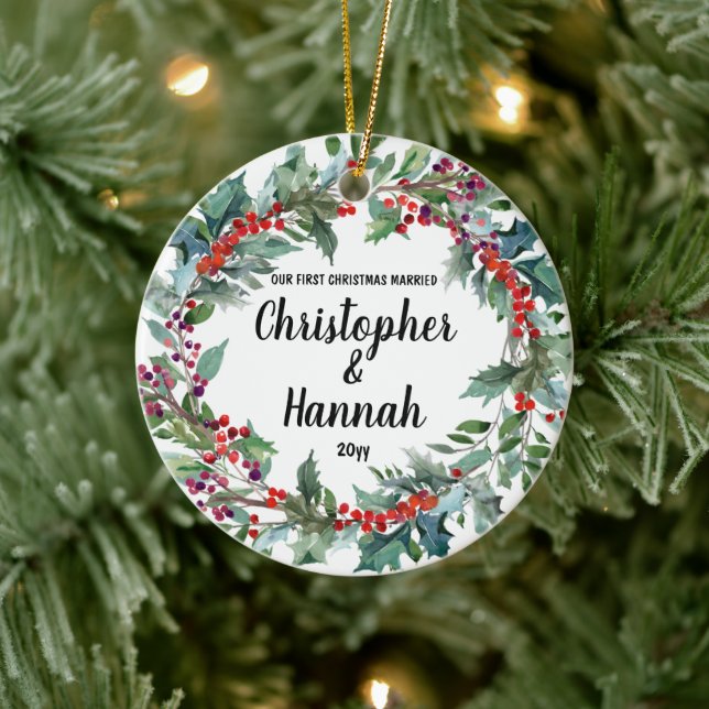 Personalisiert unsere ersten Weihnachten Verheirat Keramik Ornament (Baum)