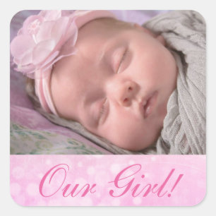 Personalisiert unsere Mädchen-Foto-neue Quadratischer Aufkleber