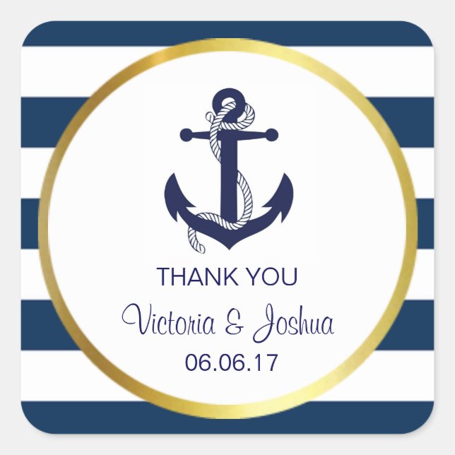 Personalisiert Vielen Dank für Ihre Nautical Navy  Quadratischer Aufkleber (Vorderseite)