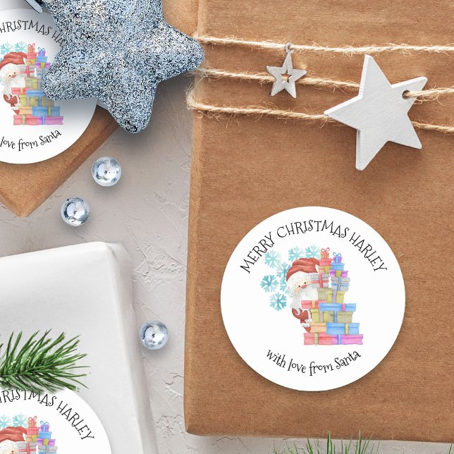 Personalisiert von Santa Kids Weihnachtsgeschenk Runder Aufkleber (Merry Christmas sticker from Santa - personalized with child's name)