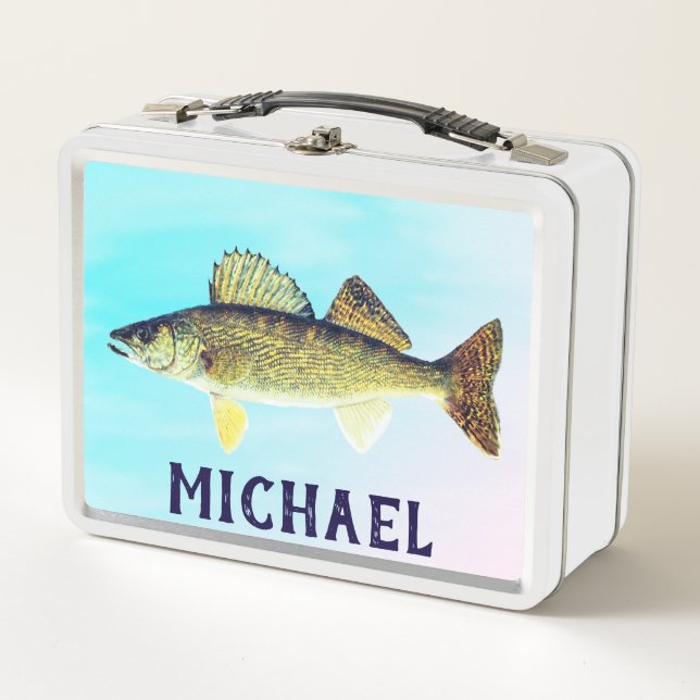 Personalisiert Walleye Pike auf Blue Metall Brotdose (Vorderseite)
