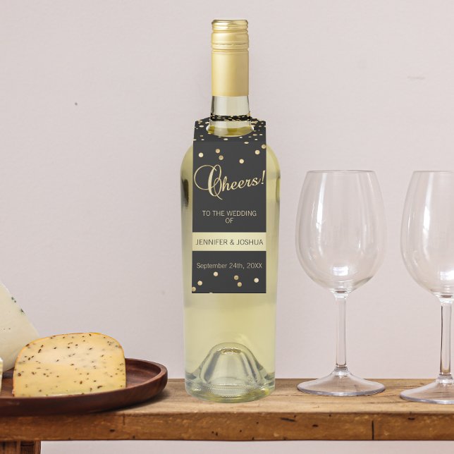 Personalisiert Wedding CHEERS Black Gold Confetti Flaschenanhänger (Von Creator hochgeladen)