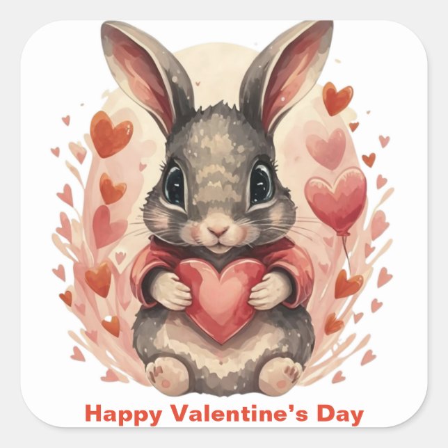 Personalisiert Whimsical Baby Bunny First Valentin Quadratischer Aufkleber (Vorderseite)