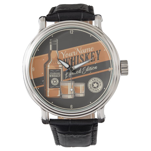 Personalisiert Whiskey Liquor Flasche Western Bar Armbanduhr (Vorderseite)