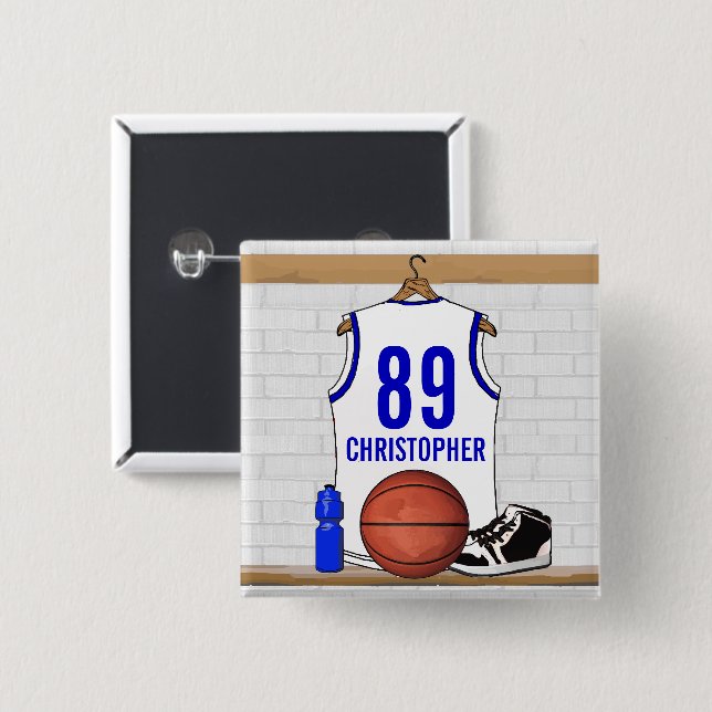 Personalisiert White and Blue Basketball Jersey Button (Vorne & Hinten)