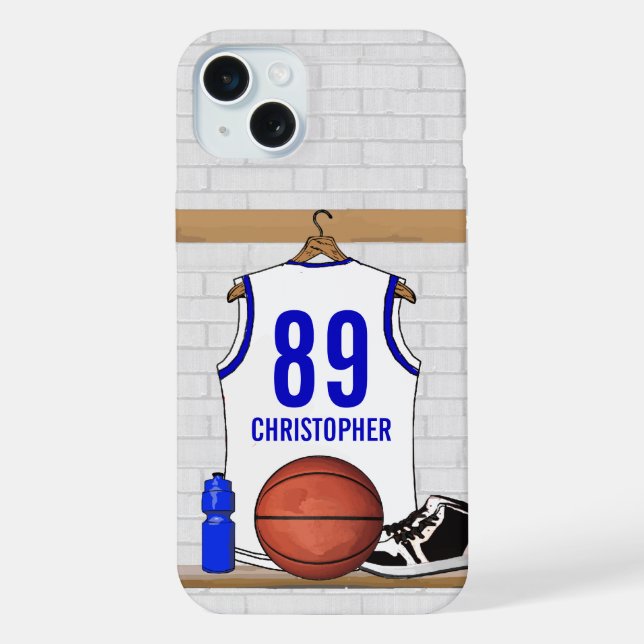 Personalisiert White and Blue Basketball Jersey iPhone 15 Plus Hülle (Rückseite)