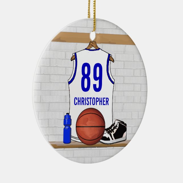 Personalisiert White and Blue Basketball Jersey Keramikornament (Rechts)