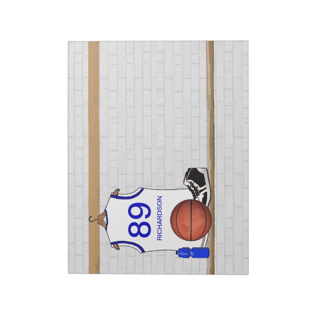 Personalisiert White and Blue Basketball Jersey Notizblock (Rotiert)