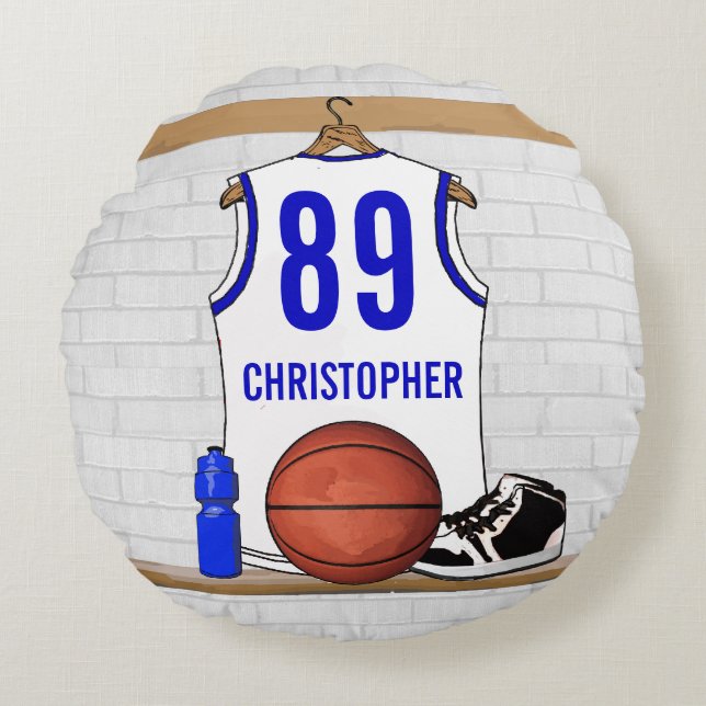 Personalisiert White and Blue Basketball Jersey Rundes Kissen (Vorderseite)