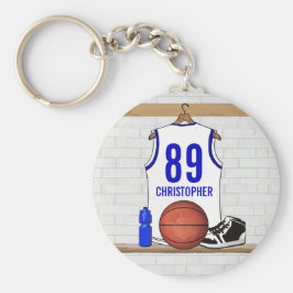 Personalisiert White and Blue Basketball Jersey Schlüsselanhänger