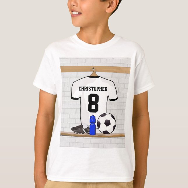 Personalisiert White Black Football Soccer Jersey T-Shirt (Vorderseite)