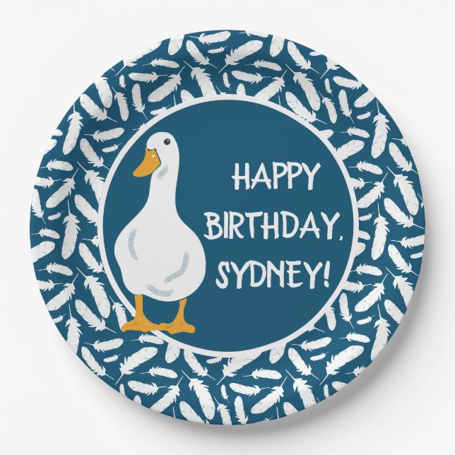 Personalisiert-White Duck Illustration Navy Blue Pappteller (Vorderseite)