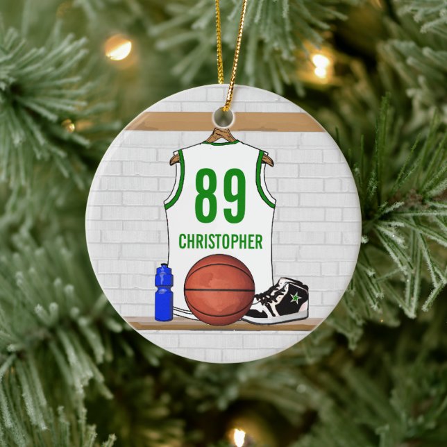 Personalisiert White Green Basketball Jersey Keramik Ornament (Baum)