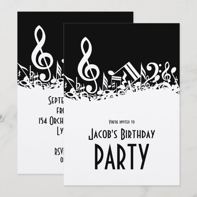 Personalisiert White Jumbled Musical Notes on Blac Einladung (Vorne/Hinten)