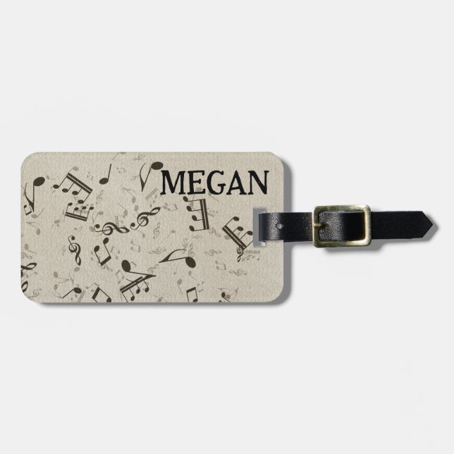Personalisiert White Jumbled Musical Notes on Blac Gepäckanhänger (Vorderseite horizontal)