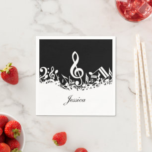 Personalisiert White Jumbled Musical Notes on Blac Serviette